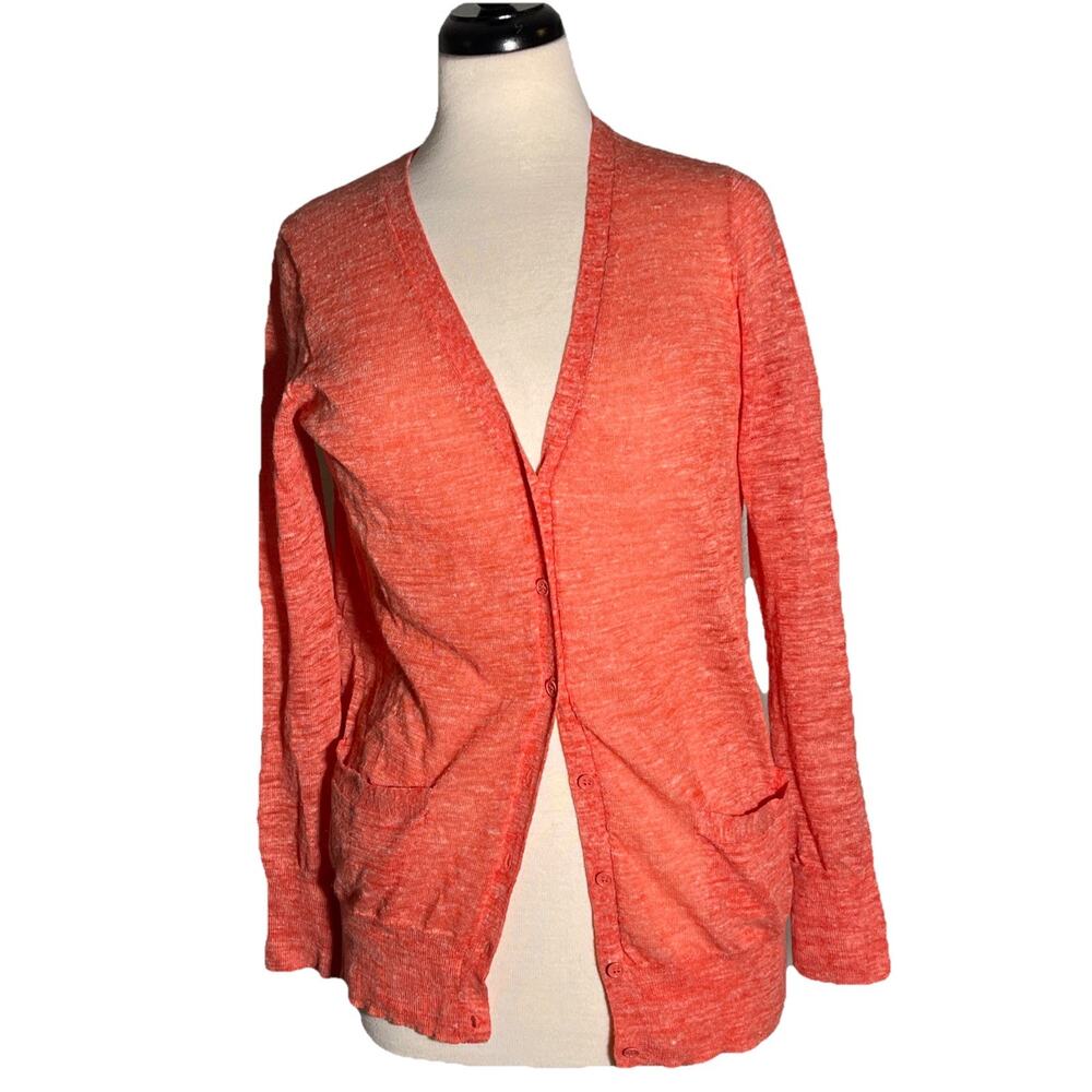 J. CREW Marled Linen Cardigan Sweater Coral Pink V-Neck Light Small